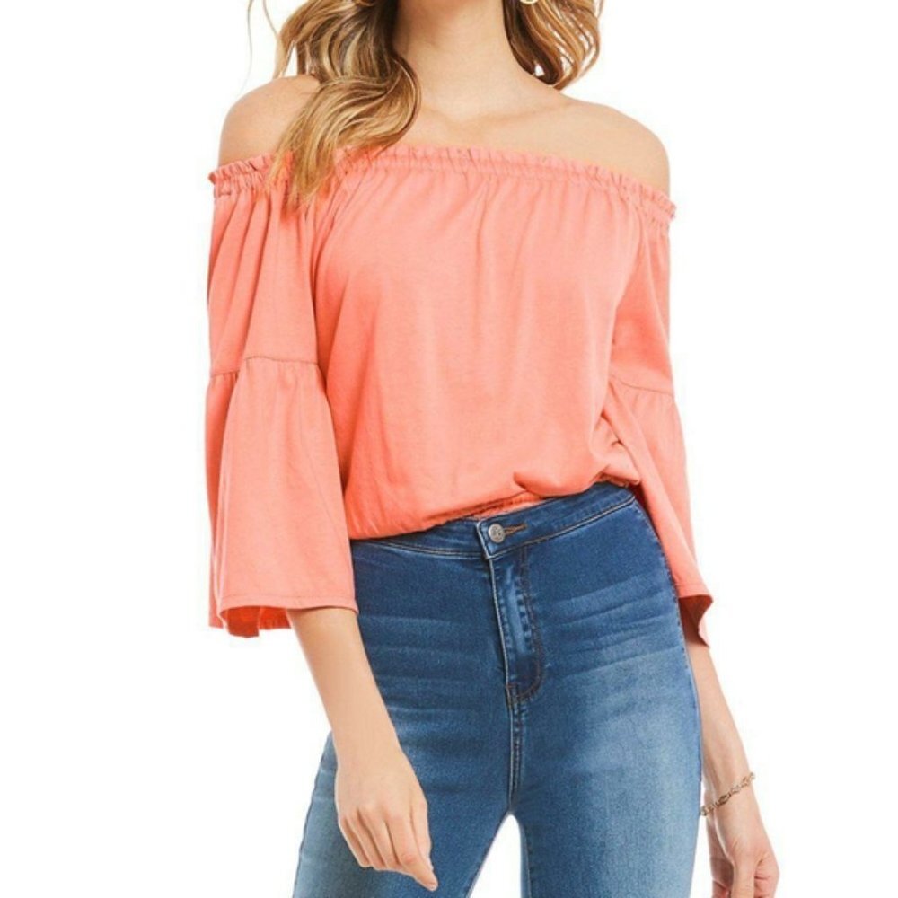 Chelsea & Violet Top Womens Small Coral Crop Off‎ Shoulder Bell Sleeve Festival